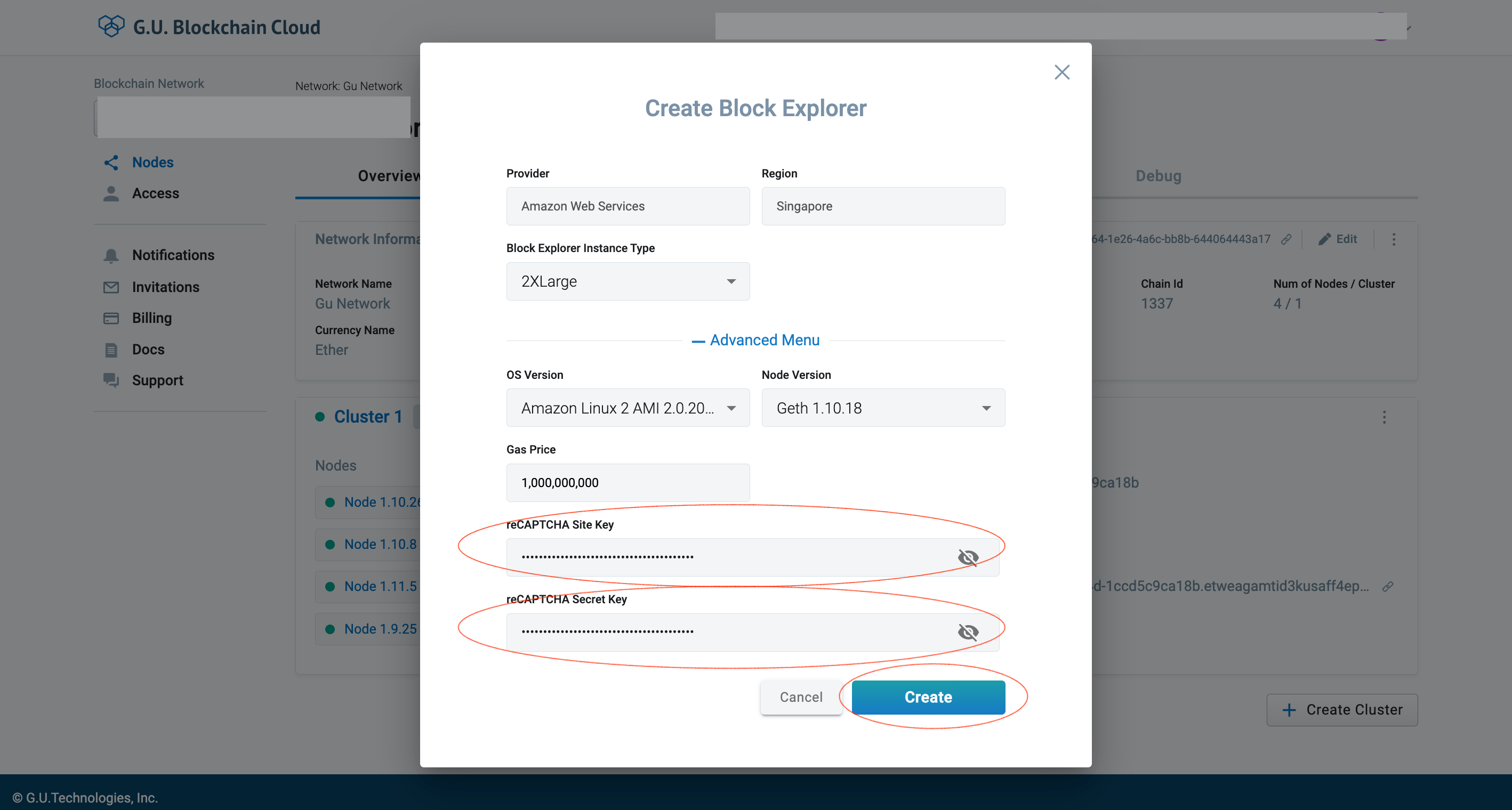 Register google reCAPTCHA | G.U. Blockchain Cloud Docs